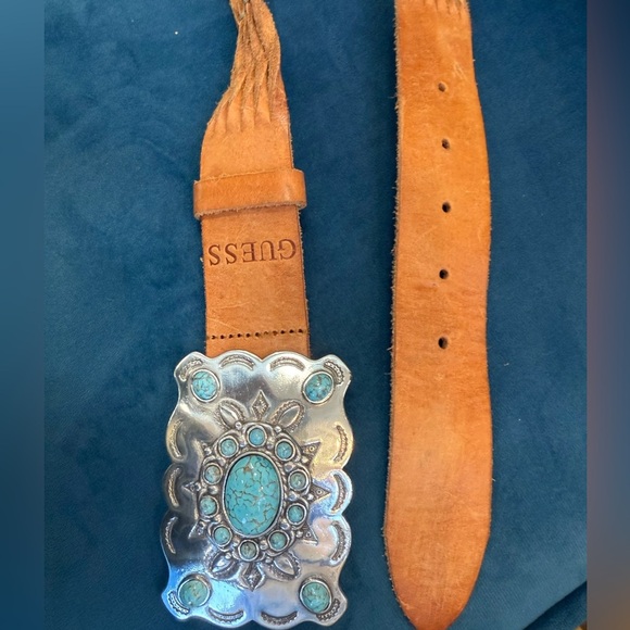 Guess Tan Leather Belt w/ Turquoise Stones & Engraved Silver Buckle – 42” - Picture 2 of 3